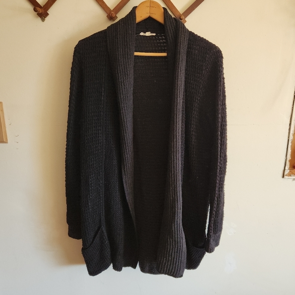 Eileen Fisher Open-Front Knit Cardigan Sweater Black Organic Cotton Medium